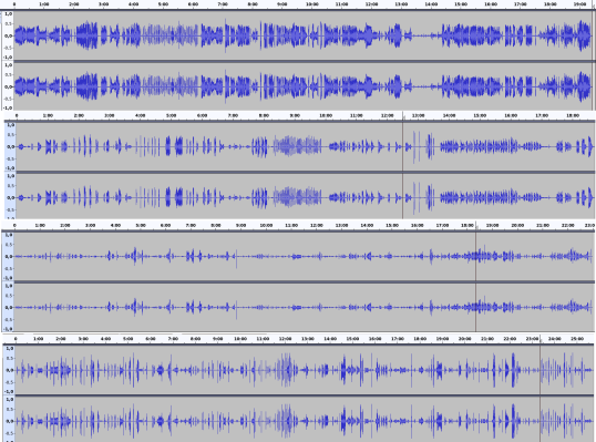 ﻿

individual sound recordings - silences edited out: 4 different durations, 4 different patterns, 4 different styles, 4 different microphones, 1 processing algorithm